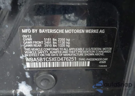 2014 BMW 535I из США, поврежденный, VIN WBA5B1C5XED476251